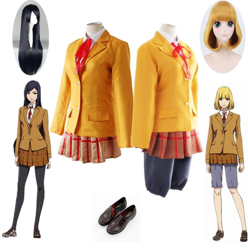 Anime Prison School Kurihara Mari Midorikawa Hana Cosplay Costume School Uniforms Brown Jacket Coat Top Cosplay Wig Shoes Suits 1