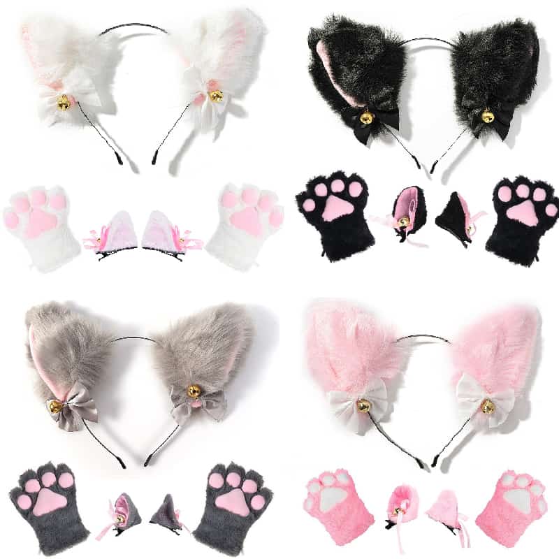 4pcs Lovely Cat Ear Hair Wear Set Claw Gloves Girls Anime Cosplay Costume Plush Cat Fur Ear Hairband Night Party Club Headbands 1