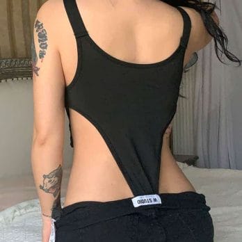 Weekeep Black Bodysuit Hollow Out Buckle Patchwork Sexy Tanks Bodysuit Off Shoulder Rave Outfits for Women Punk Style One Piece 5