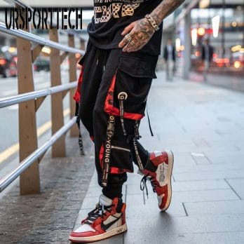 Hip Hop Joggers Men Letter Ribbons Cargo Pants Pockets Track Tactical Casual Techwear Male Trousers Sweatpants Sport Streetwear 2