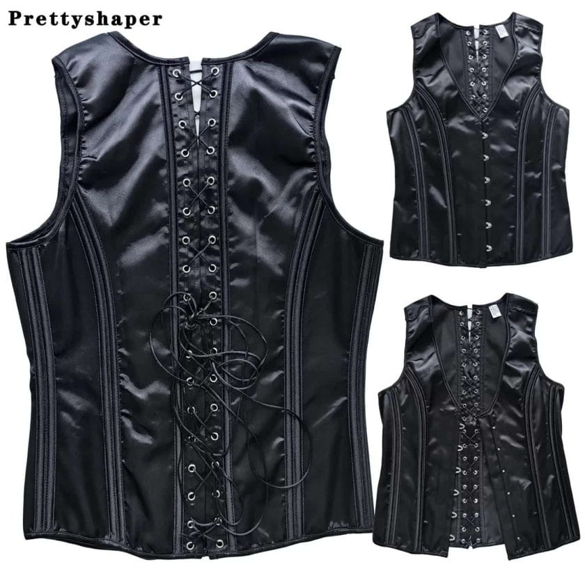 Men's Vintage Corset Tight Fitting Shaping Vest Lace Up Waistcoat With Bones Slimming Elegant Corset Black 6 Buckles Tank Tops 1