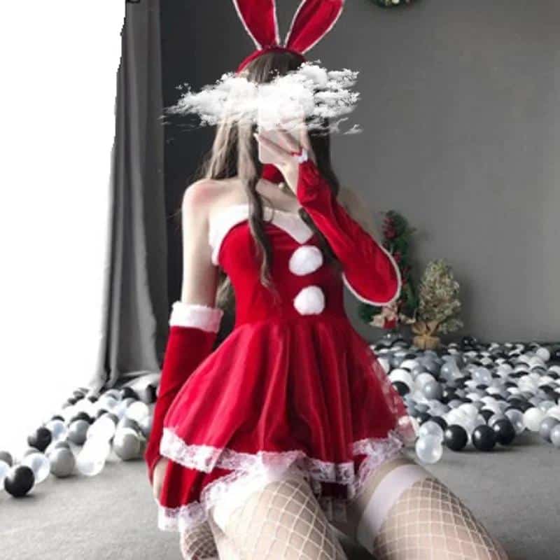 Red Christmas Costumes Lady Santa Claus Velvet Bunny Role Play Lace Lolita Rabbit COS Outfits Kawaii Dress Maid Waitress Uniform 1