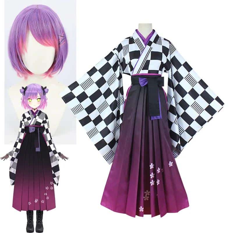 Tokoyami Towa Cosplay Kimono Sets Hololive VTuber Costume YouTuber Women's Wig Purple Mixed Pink Short Hair 1