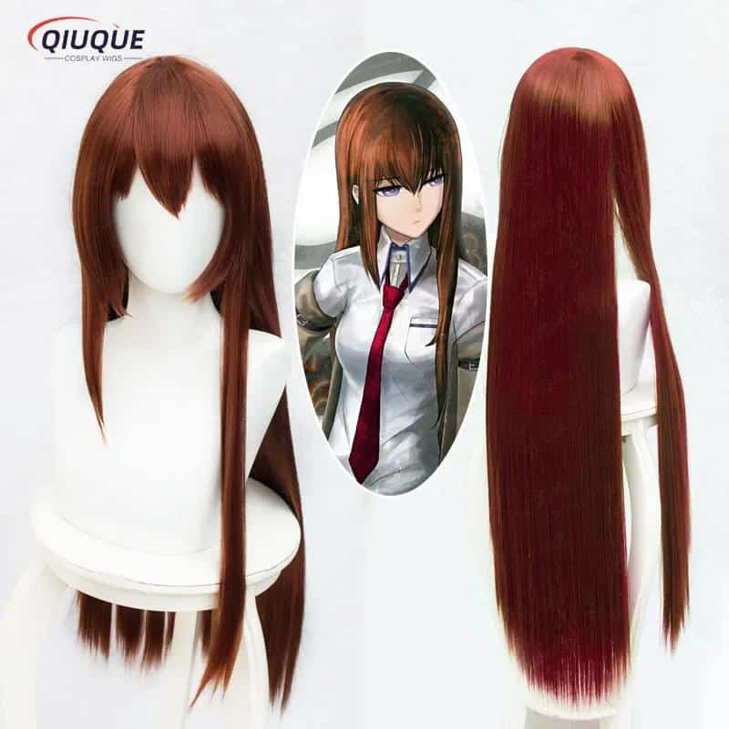 80cm 100cm Long Straight Copper Red Steins Gate Makise Kurisu Christina Heat Resistant Hair Cosplay Costume Wig   Free Wig Cap 1