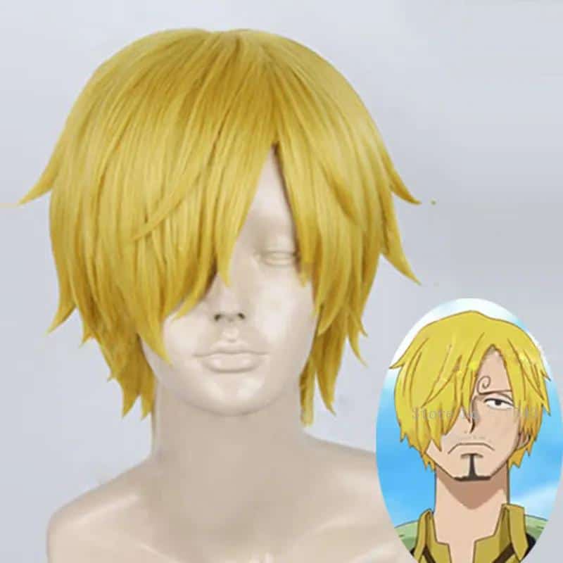 High Quality Anime One Piece Cosplay Wig Sanji Wig Short Straight Golden Yellow Heat Resistant Synthetic Hair Wigs + Wig Cap 1