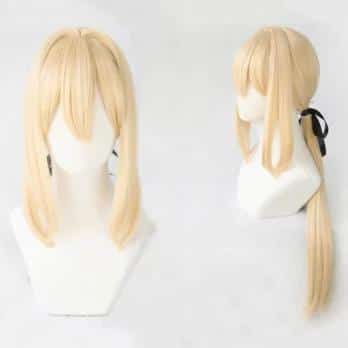 Violet Evergarden Ponytail Braid Buns Blonde Hair Heat Resistant Cosplay Costume Wig + Wig Cap + Ribbon 2