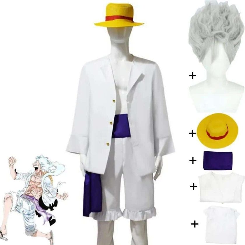 Anime Monkey D Luffy Cosplay Costume Wig Hat Wano Kuni Country Sun God White Uniform Halloween Carnival Party Role Play Suit 1