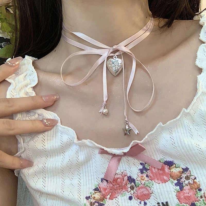 Y2K Pink Rope Tied Peach Heart Pendant Necklace Halskette kawaii 1