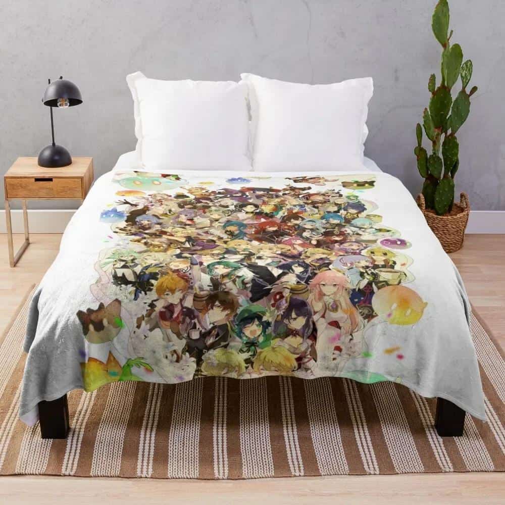 Genshin Impact All Character in One Artwork Throw Blanket Loose Hairys Fashion Sofas Blankets 1
