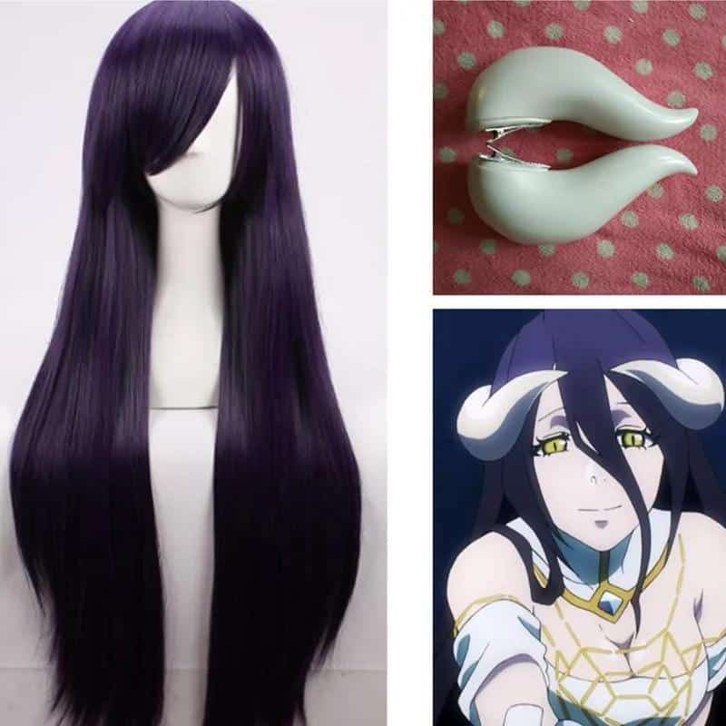 Overlord Albedo Cosplay Prop White OX Horns with Clamp for Women Hair Girl Purple Straight Hairpiece Adult Cosplay Wig 1
