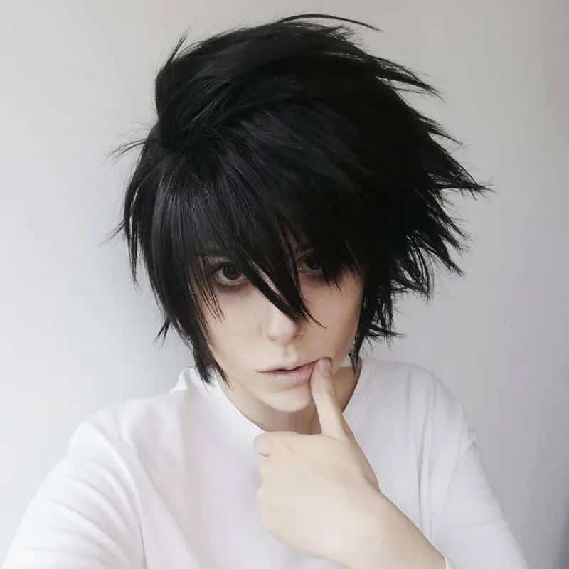 Anime Death Note L Cos Black Short Wig Mens L.Lawliet Heat Resistant Hair Pelucas Cosplay Costume Hair Wig + Wig Cap 1