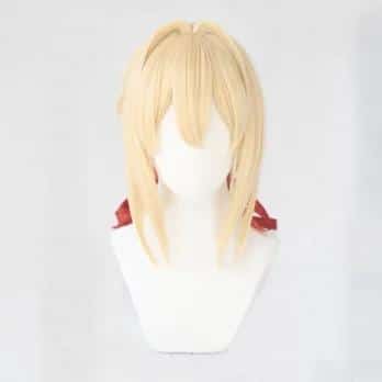 Violet Evergarden Ponytail Braid Buns Blonde Hair Heat Resistant Cosplay Costume Wig + Wig Cap + Ribbon 4