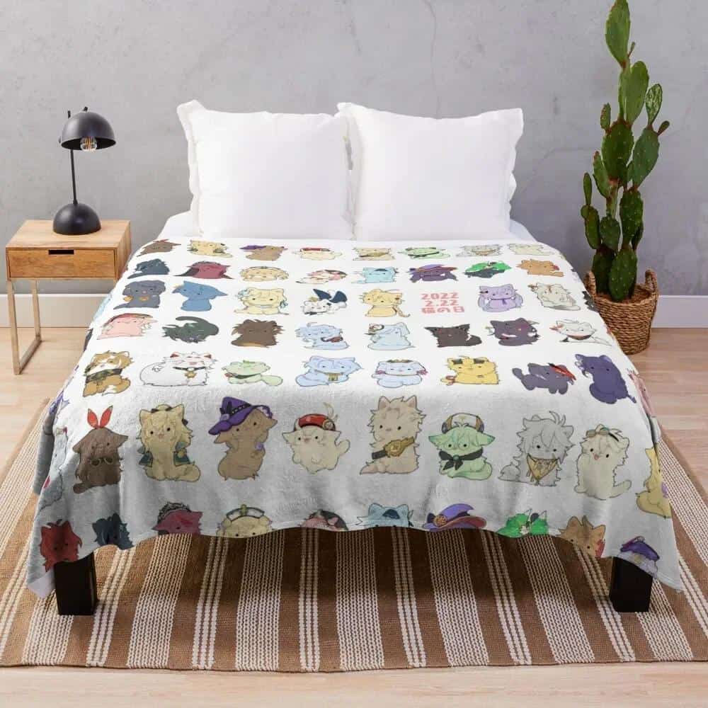 Genshin Impact All Characters in Chibi Cats Artwork Throw Blanket Bed Fashionable Vintage blankets and throws Blankets 1