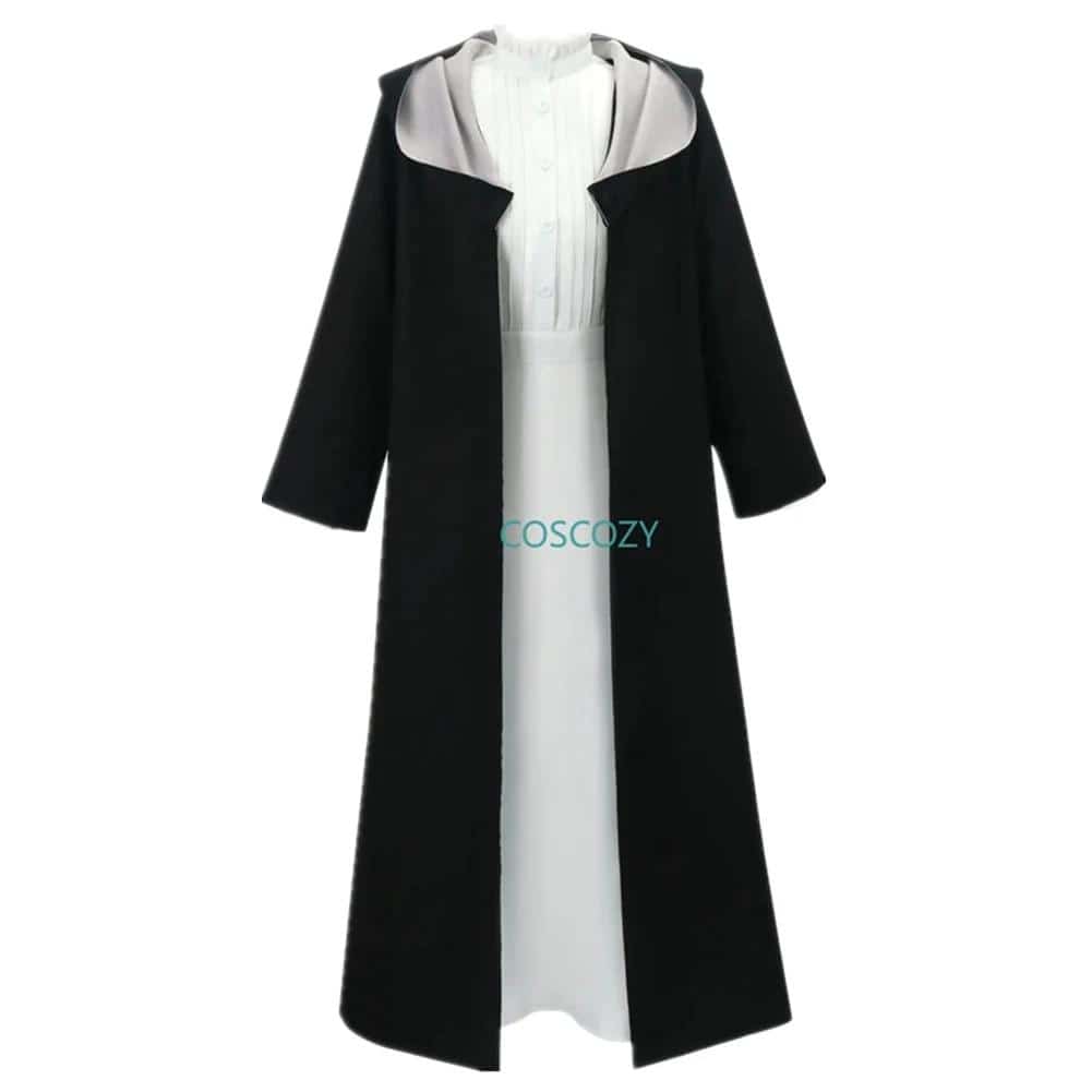 Frieren Cosplay Costume White Long Dress and Black Robe Purple Halloween Suit 1