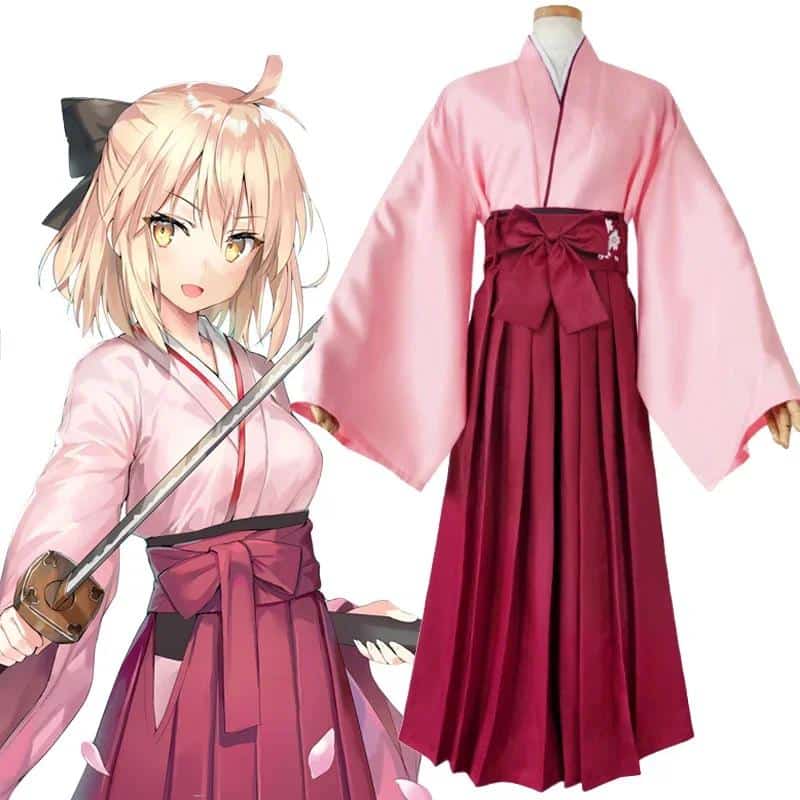 Fate Grand Order Okita Souji Cosplay Costume FGO Sakura Saber Cosplay Full Set Pink Kimono Halloween Outfit With Wig For Women 1