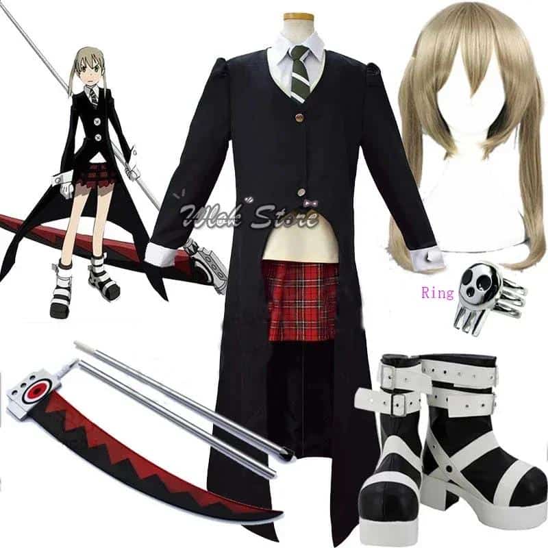Anime Soul Eater Maka Albarn Cosplay Costumes for Women Girls Skirt Set Trench Uniform Maka Albarn Cosplay Party Boots Shoes Wig 1